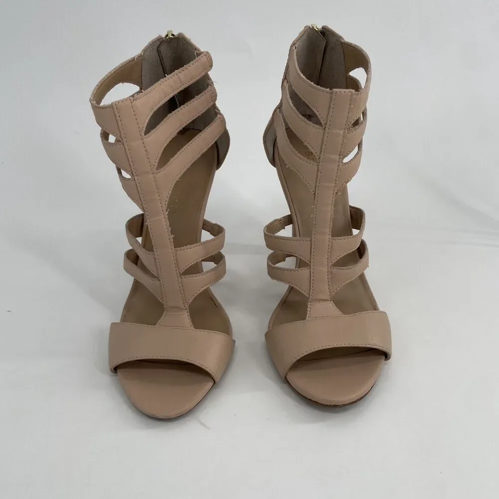 BCBGeneration Strappy Cage Shoes 7.5 B Stilletto Heels Nude Zip Back Open Toe - Picture 3 of 11